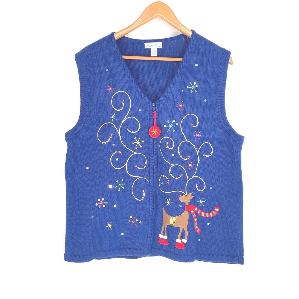 Kim Rogers Womens Sweater Christmas Vest XL Zip Up Blue Reindeer Holiday Sequin